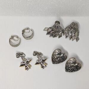 Silver Tone Clip On Earrings Lot Of 4 Pair Hooplier Heart Angel Chandelier